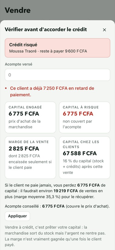 Vérification avant d'accorder un crédit : crédit risqué, acompte conseillé