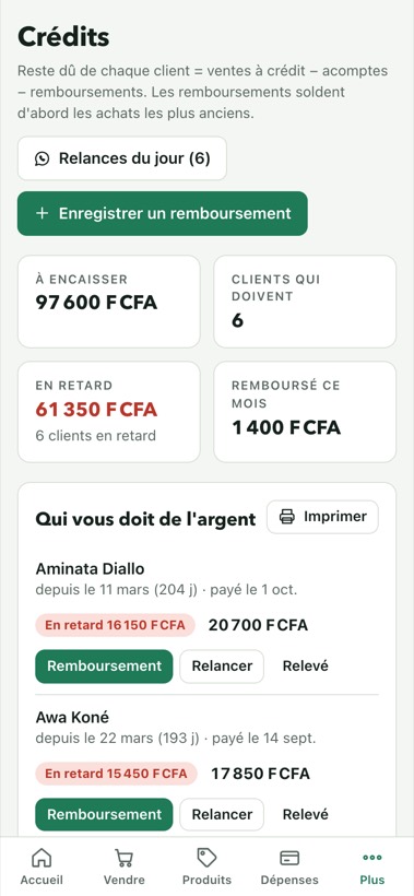 Page Crédits : qui vous doit de l'argent, retards et relances