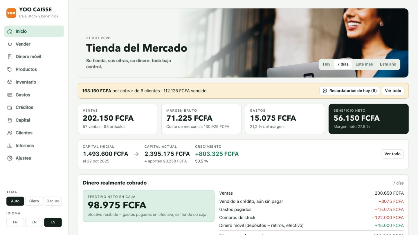 YOO CAISSE en un ordenador: ventas, margen, gastos, capital y caja