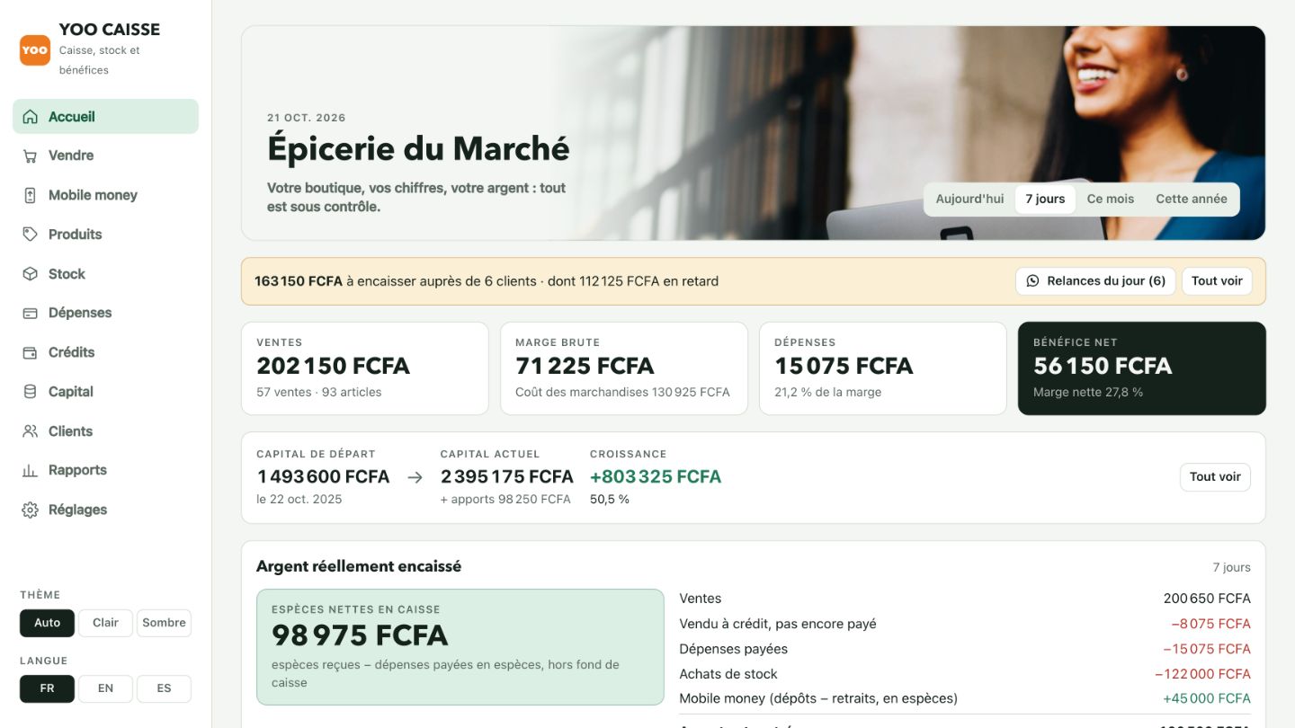 YOO CAISSE sur un ordinateur : ventes, marge, dépenses, capital et caisse