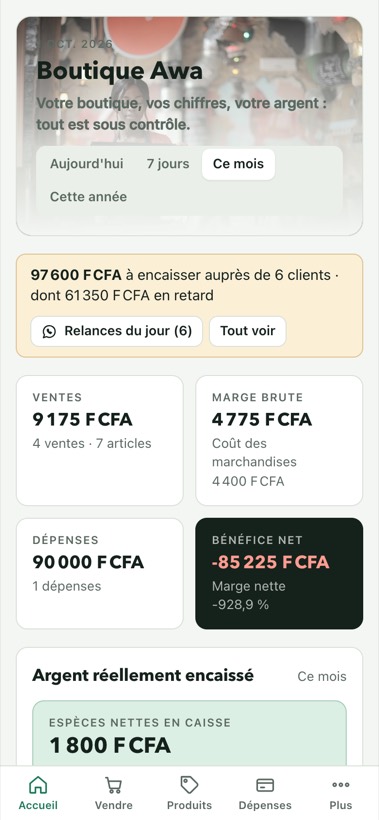 Tableau de bord YOO CAISSE : ventes, marge, dépenses et bénéfice du mois