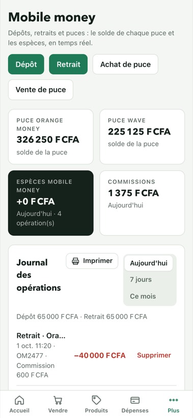Module mobile money : soldes des puces, dépôts et retraits